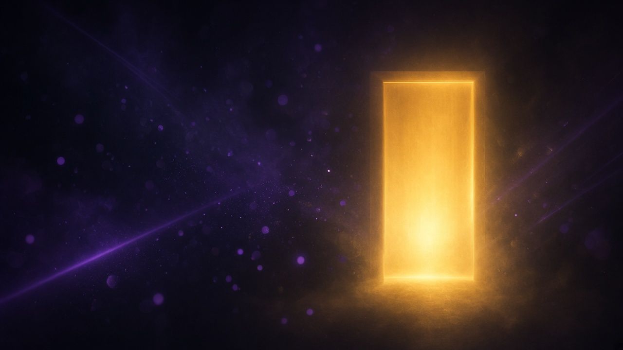 A glowing golden doorway in a dark room, with warm light spilling across the floor
