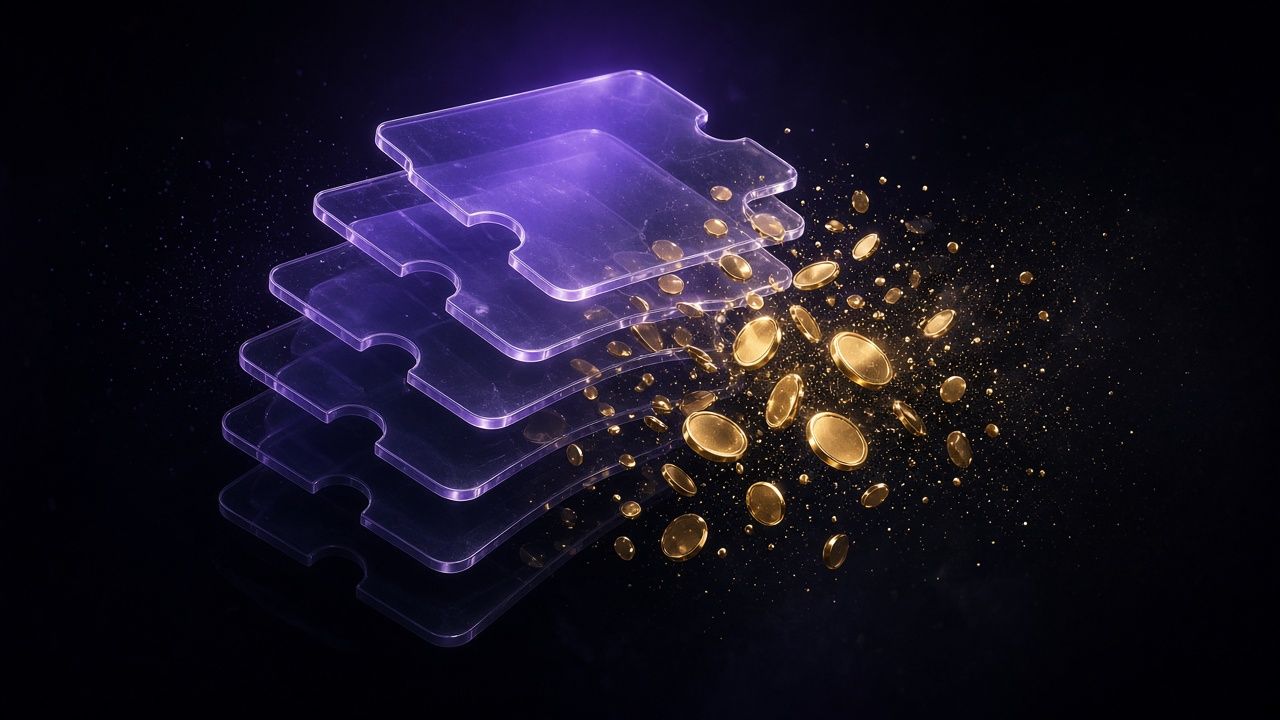 Translucent glass tickets and gold coins stacked on a dark reflective surface