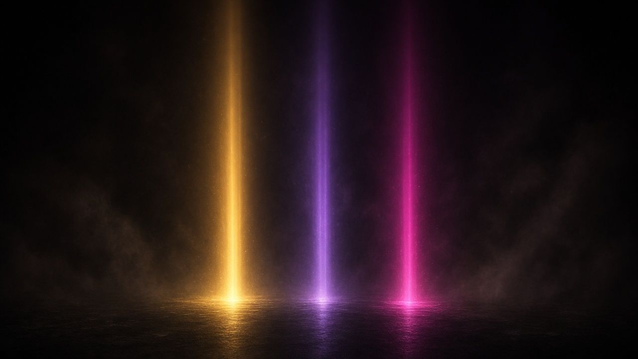 Three beams of gold, violet and magenta light rising from a dark, hazy club floor