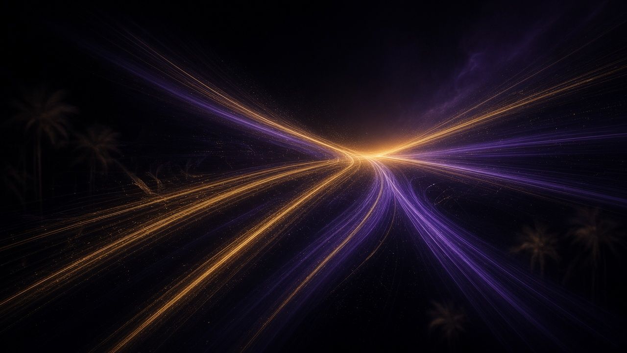 Long-exposure gold and violet light trails at night with faint palm tree silhouettes